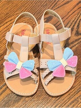 Rachel Shoes Beige Girls Sandals with Pink & Blue Glitter Bows
